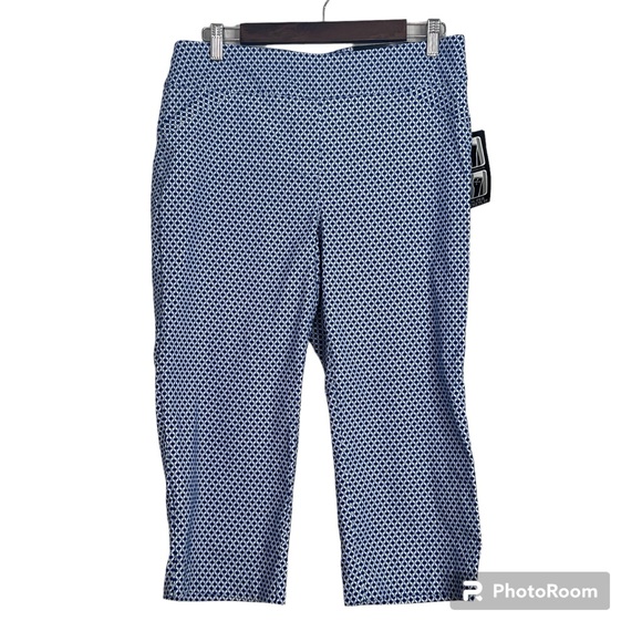 Kim Rogers Blue White Print Super Stretch Capri Pants Tummy Panel Womens Size 12 - Picture 2 of 13